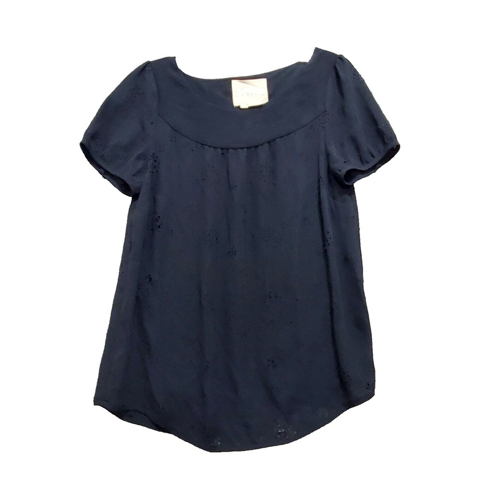 Anthropologie‎ VANESSA VIRGINIA Top Women 2 Black Flower  Boat Neck Short Sleeve